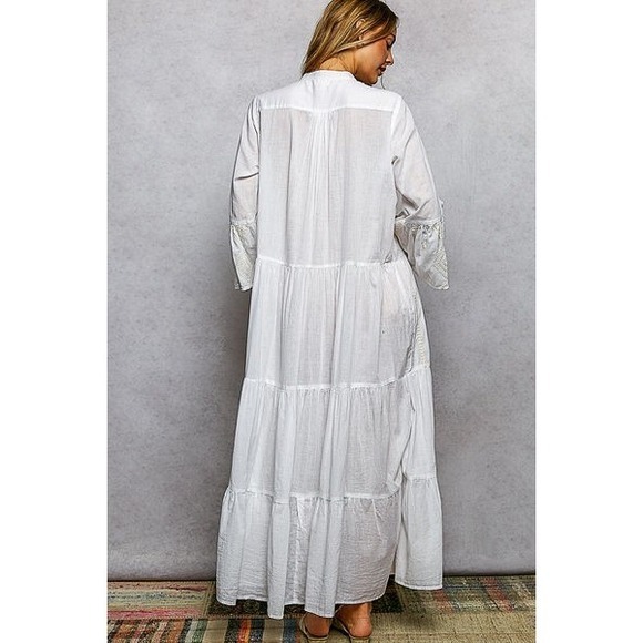 POL Cotton Embroidered Tiered Maxi Dress Boho Bell Sleeve Button Front - Picture 3 of 4